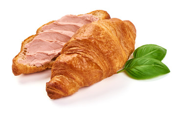 Traditional croissants with chicken liver pate, isolated on white background