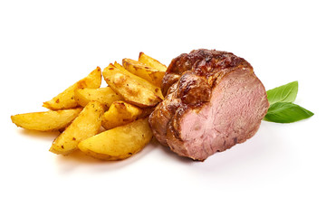 Baked pork roast with fried potato wedges, isolated on white background