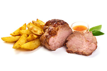 Baked pork roast with fried potato wedges, isolated on white background