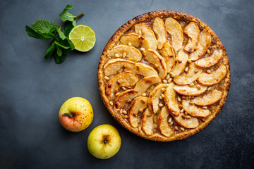 Homemade delicious fresh baked rustic apple pie on dark background, top view