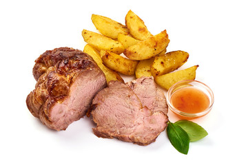 Baked pork roast with fried potato wedges, isolated on white background