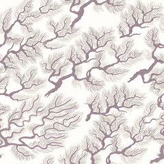 Vektornahtloses Muster aus China-Kieferzweigen auf einem beigen Hintergrund. Landschaft im japanischen Volksmalstil Sumi-e. Seidentextildruck für Kimono, Tapete, T-Shirt-Druck