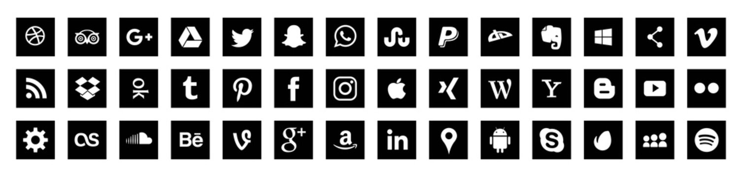 Set of popular social media logos: Instagram, Facebook, Twitter, Youtube, WhatsApp, LinkedIn, Pinterest, Blogger and others