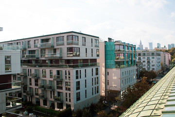 Panorama of the architecture of new residential complexes in the Art Nouveau style in the center of the Polish capital Warsaw on a sunny autumn day.
