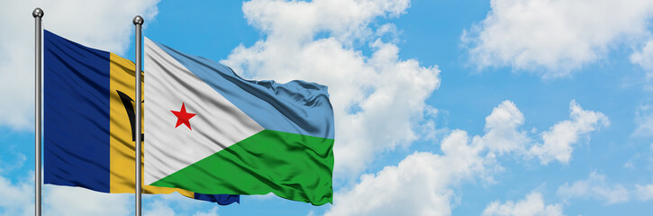 Barbados and Djibouti flag waving in the wind against white cloudy blue sky together. Diplomacy concept, international relations.