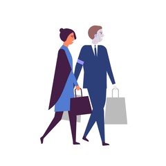 Woman and robotized assistant with shopping bags flat vector illustration. Robots in daily human life. AI helper, humanoid in suit. Cyborg helping businesswoman cartoon characters isolated on white.