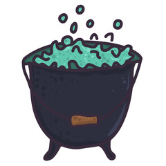 Flat art with grey witch cauldron. Halloween cartoon illustration. Retro vector element.