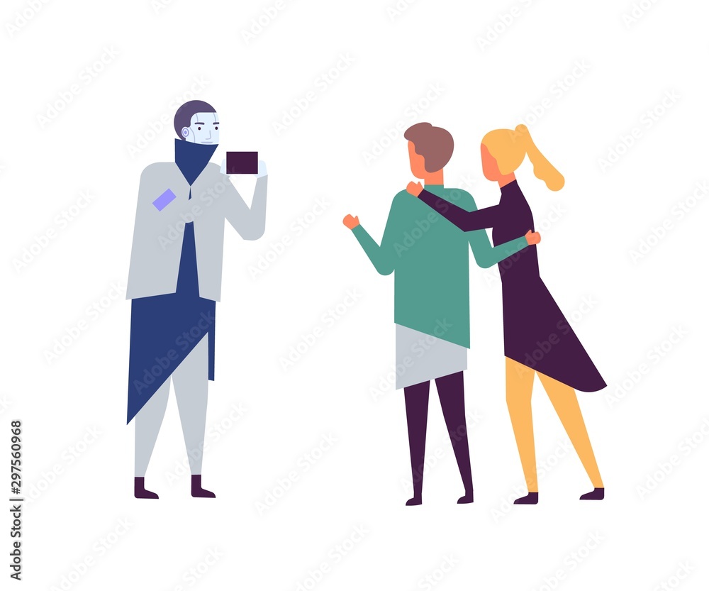 Poster robot taking photo of couple flat vector illustration. artificial intelligence in daily life. ai fri