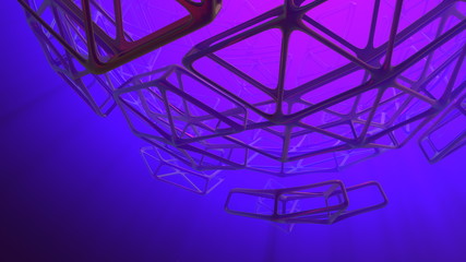 Abstract 3d rendering concept of high poly sphere with chaotic mesh grid cellular mulecular structure. Sci-fi background with polygonal shape in empty space with light god rays. Futuristic design bio