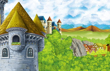 cartoon scene with kingdom castle and mountains valley near the forest and farm village illustration for children