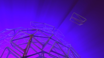 Abstract 3d rendering concept of high poly sphere with chaotic mesh grid cellular mulecular structure. Sci-fi background with polygonal shape in empty space with light god rays. Futuristic design bio