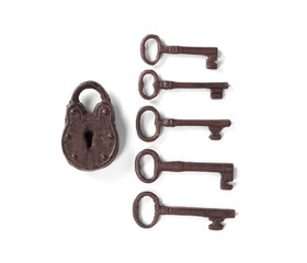 Rusty old lock isolated on white