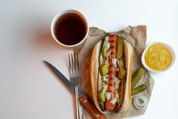 Hot dog image. Flat lay. Business lunch, fast food, street food, Grill menu