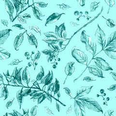Pattern of leaves on a branch. Watercolor foliage on a sky background. Hand drawn leaves. Elements for printing on fabric and home decoration. Pattern for drawing on a women's summer dress