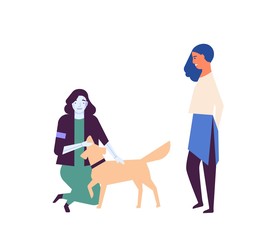 Robotized assistant walking dog flat vector illustration