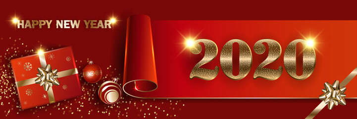 Christmas New Year 2020 red banner mockup. Sparkling Xmas holiday lights, confetti, balls, gift box with a gold ribbon and bow, twisted poster. Illustration for website design, greeting card.
