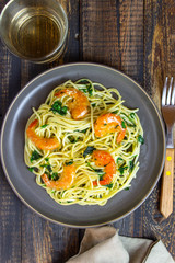 Italian pasta spaghetti with shrimps. Healty eating. Recipes. National cuisine.