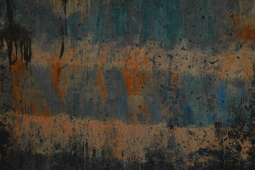 Abstract art texture background. Creative wall art close up. Beautiful dark background. Paint on the wall. Blue and orange striped old cracked concrete wall surface. Grunge style