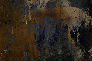 Abstract art texture background. Creative wall art close up. Beautiful dark background. Paint on the wall. Blue, grey, orange and golden old cracked concrete wall surface