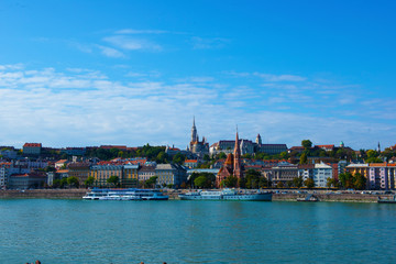 view of Budapest. River, bridge, pleasure boats.