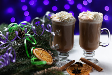 cappuccino cups cream new year atmosphere bokeh blurred background christmas tree gift mood festive