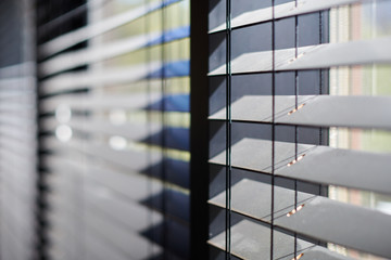 Office blinds. Modern wooden jalousie. Office meeting room lighting range control. - obrazy, fototapety, plakaty