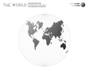 Polygonal world map. Van der Grinten II projection of the world. Grey Shades colored polygons. Energetic vector illustration.