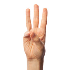 Finger spelling number 6 in American Sign Language on white background. ASL concept