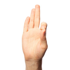 Finger spelling letter F in American Sign Language on white background. ASL concept