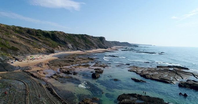 Aerial view of the Carreagem Beach and the rock formations at the in Aljezur, Algarve; 
