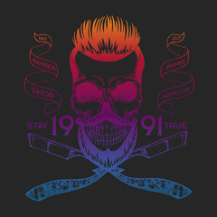 Vector illustration. Vintage, hipster skull barber shop logo in old, neon style.