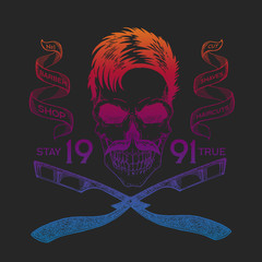 Vector illustration. Vintage, hipster skull barber shop logo in old, neon style.