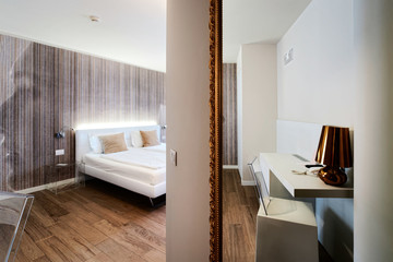 Bedroom interior with modern design furniture in hotel Italy