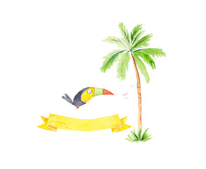 Palm Toucan Banner Painted Watercolor
