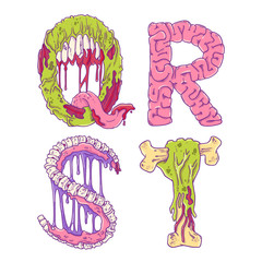 Scary zobmie cartoon letters Q, R, S, T for Halloween decor - 297568594