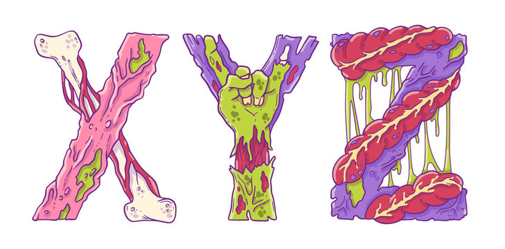 Scary zobmie cartoon letters X, Y, Z for Halloween decor