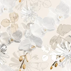 Photo sur Plexiglas Orchidee Modèle sans couture. Orchidées grises et marguerites blanches sur fond rose pâle.
