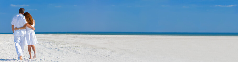 Panorama Man Woman Couple Walking on An Empty Beach Panoramic Web Banner