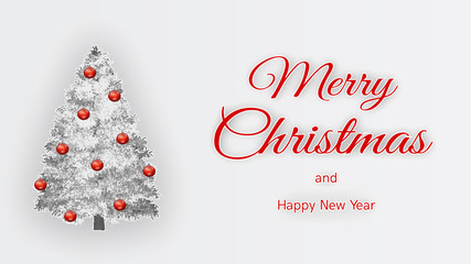 Festive design in paper cut style. Decorated snowy christmas tree with red greeting text, on light gray background.