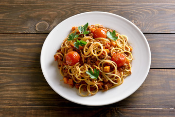 Spaghetti bolognese, top view