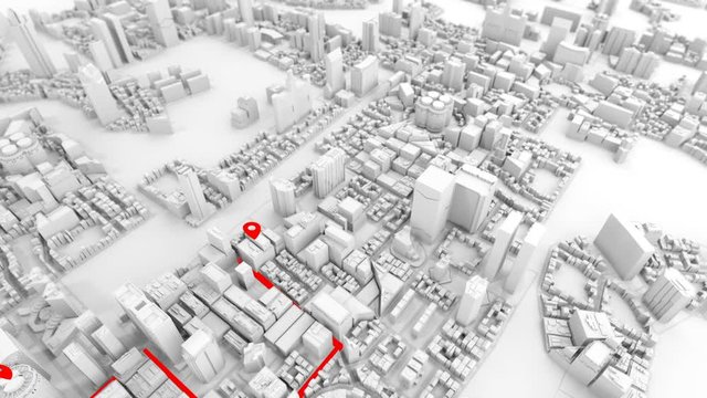 White city model with red guide line and pins in certain gps positions, looped slide  animation