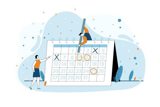 Little man and woman checking date in month calendar. Business planning timetable concept vector illustration for web landing page and mobile apps