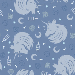 Magic design hand drawing seamless pattern with unicorn, moon, stars, ice cream and diamonds in blue colors. Vector illustration background.