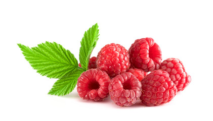 ripe raspberries with green leaf isolated on white background macro
