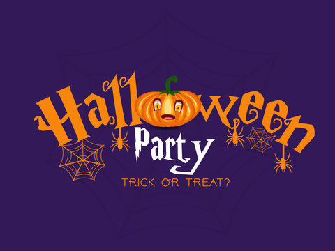 Abstract Purple Halloween background with halloween party typography, yellow  spiders, cobwebs_Vector,illustration.