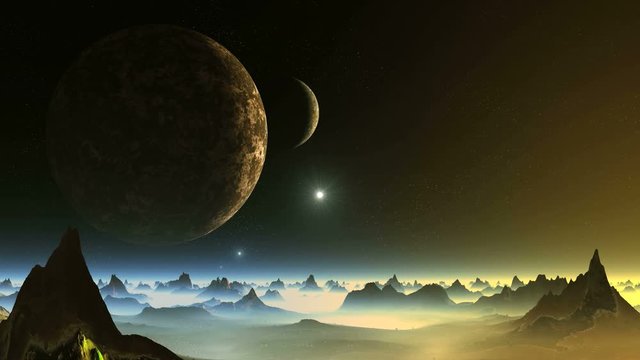 Two Moon and UFO . Over the mountains in a dark starry sky two large planets. Bright blue objects (UFO) appear from the depths of space and quickly fly through the sky. Mountain shrouded in mist.