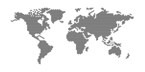 flat pixel dots world map with Atlantic Ocean in the design of points dots of hexagons. Planet Earth background Dotted banner. All the continents of the world in one picture of hexagons pixel Dotted.