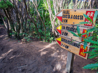 Sign for hiking trails on Faial Island, Azores, Portugal