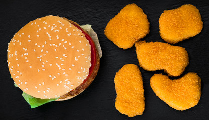 burgers  and nuggets  on black board