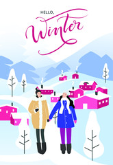 Girls in winter forest - christmas and new year banner, card and landing page template.